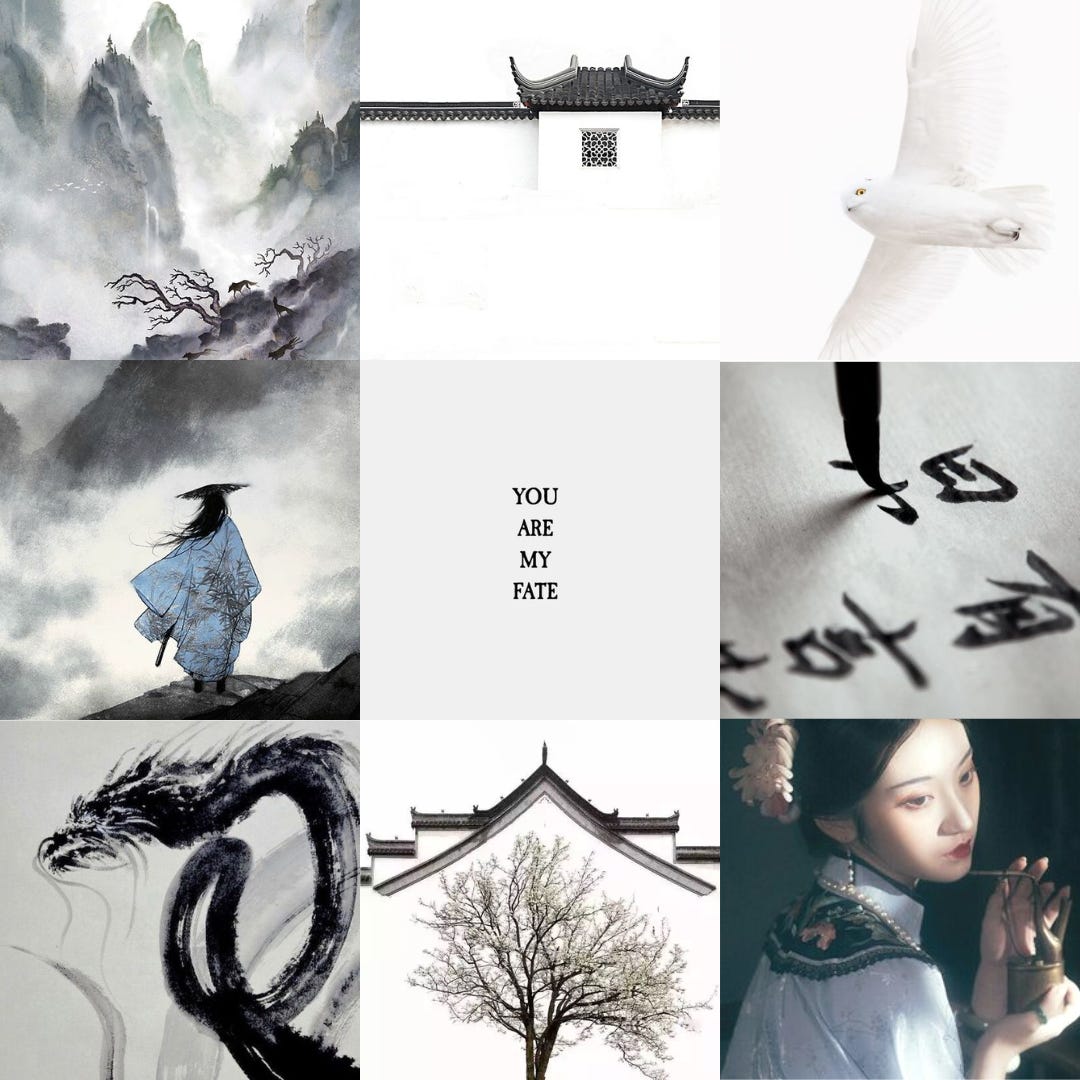 3x3 Moodboard ft.: a Chinese ink painting of mountains, a picture of the Forbidden City in snow, a white owl, Chinese calligraphy, a Chinese inked dragon, a picture of a barren tree, a picture of a young woman dressed in a qipao in the Qing-dynasty style, and text reading "You are my fate."