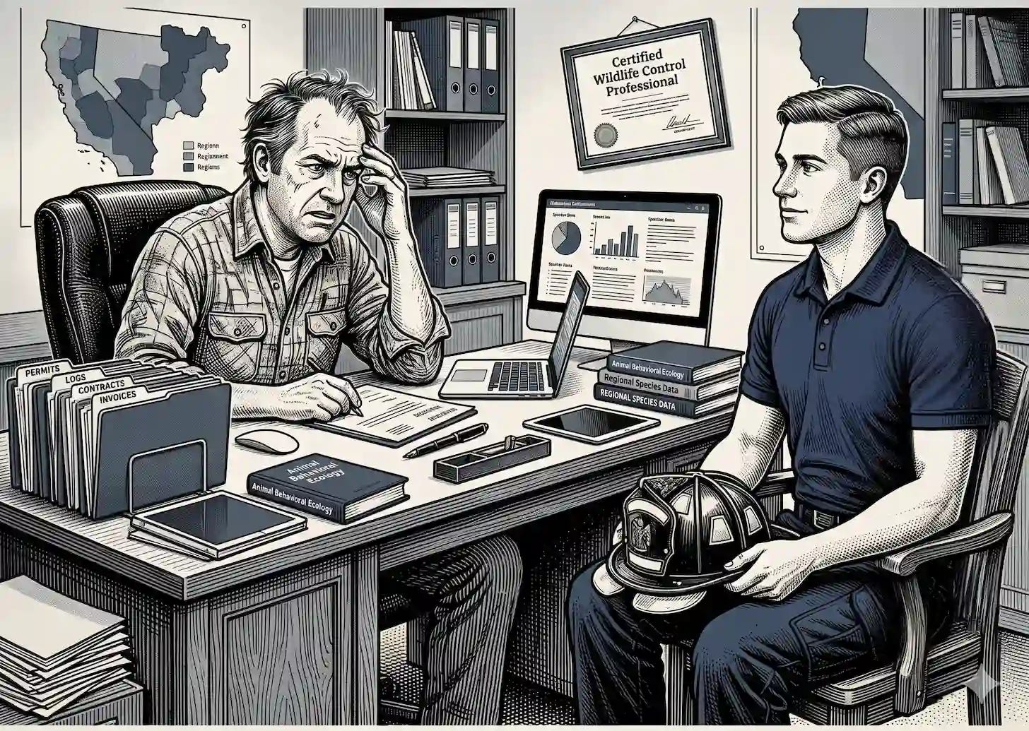 a stressed out small animal company manager interviews a firefighter for a part-time position a stressed out small animal company manager interviews a firefighter for a part-time position