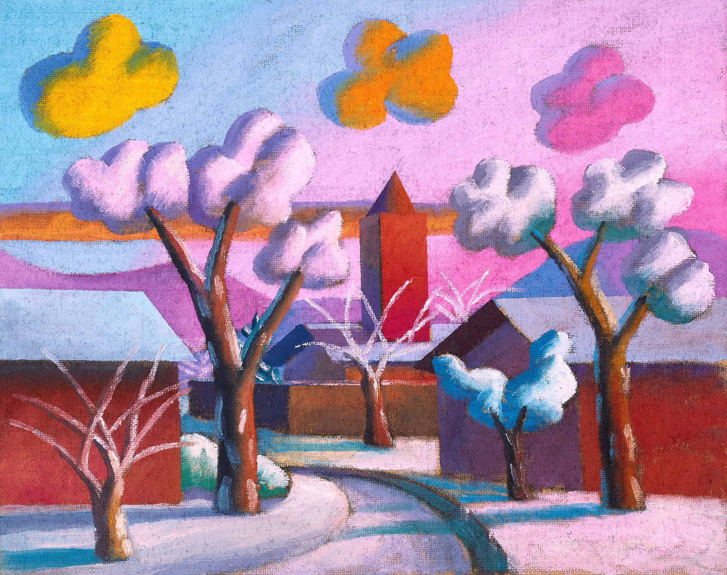 Salvo painting of a snowy Italian town in violet and pink light, I giorni della brina, 2010