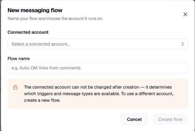 Blotato New messaging flow window with connected account and flow name fields Blotato New messaging flow window with connected account and flow name fields