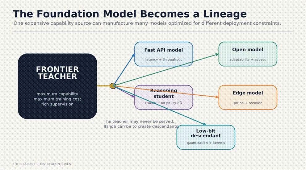 Title: Figure 1. The frontier model increasingly acts as a capability source for a portfolio of specialized descendants. - Description: A large frontier teacher branches into fast API, open, reasoning, edge, and low-bit student models. Title: Figure 1. The frontier model increasingly acts as a capability source for a portfolio of specialized descendants. - Description: A large frontier teacher branches into fast API, open, reasoning, edge, and low-bit student models.