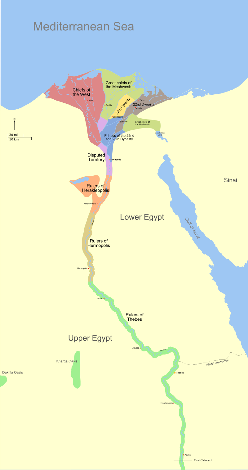 Political factions fractured ancient Egypt during the Third Intermediate Period. The boundaries above show the political situation during the mid-8th century BC.
