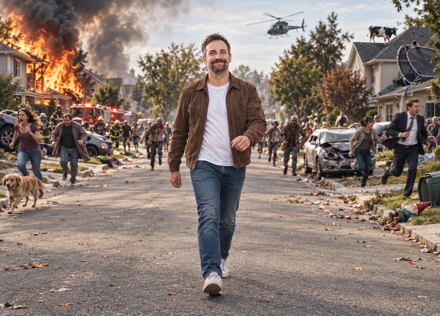 A man walking happily through a suburban neighborhood in chaos, surrounded by fire, crashes, and zombies.