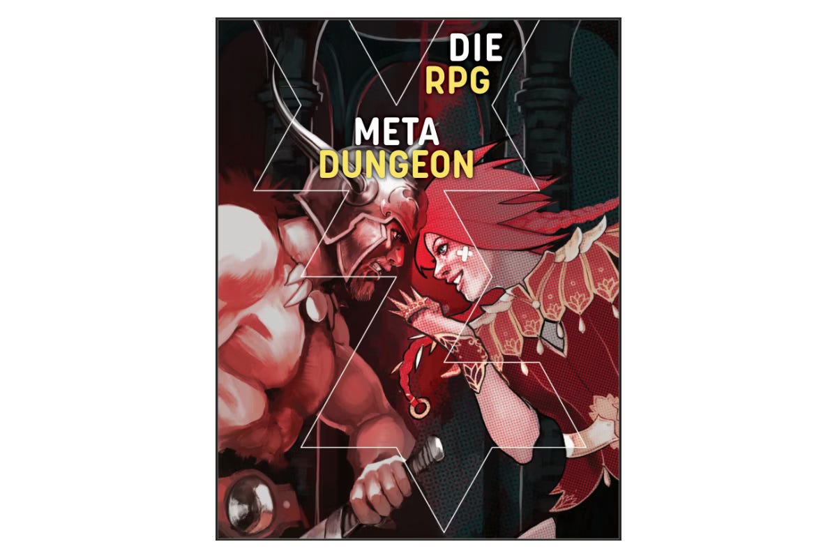 Metadungeon cover by Stephanie Hans. A red toned image, depicting a classic barbarian character in a horned helmet, locked in battle with a modern, red-clad female fighter. Behind them, the pillars and walls of the Metadungeon loom ominously.