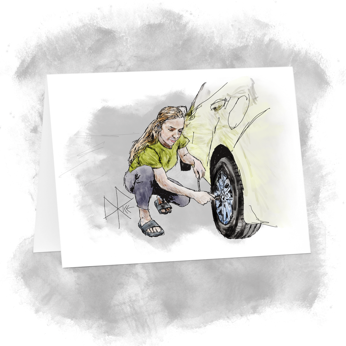 A woman squats beside a car, putting some torque on the wheel lug nuts with a socket wrench. Sketch art by Don Rice. A woman squats beside a car, putting some torque on the wheel lug nuts with a socket wrench. Sketch art by Don Rice.