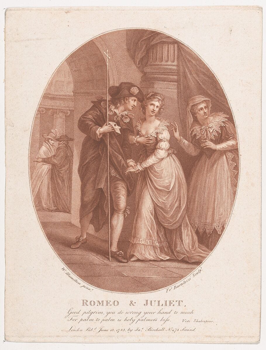 Romeo and Juliet at the Masquerade (Shakespeare, Romeo and Juliet, Act 1, Scene 5), Francesco Bartolozzi (Italian, Florence 1728–1815 Lisbon), Stipple engraving, and etching, printed in brown ink 