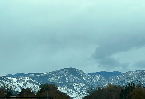Photo 1: Image of snow covered mountains behind a lake; Photo 2: image of snow from a 2nd floor window; Photo 3: Image of snow covered mountain
