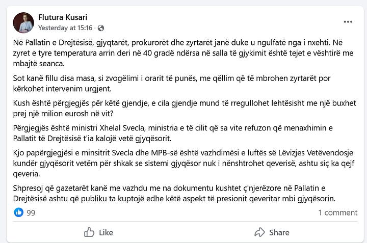 Left: In September 2023, as Serbia-backed paramilitaries killed a Kosovo police officer, Kusari blamed her own government for “dangerous experiments,” failing to condemn the actual aggressors. Right: In June 2025, she accused Kosovo’s Interior Minister of deliberately refusing to transfer authority over the Palace of Justice, alleging political sabotage—again targeting the ruling party without offering institutional balance or evidence.