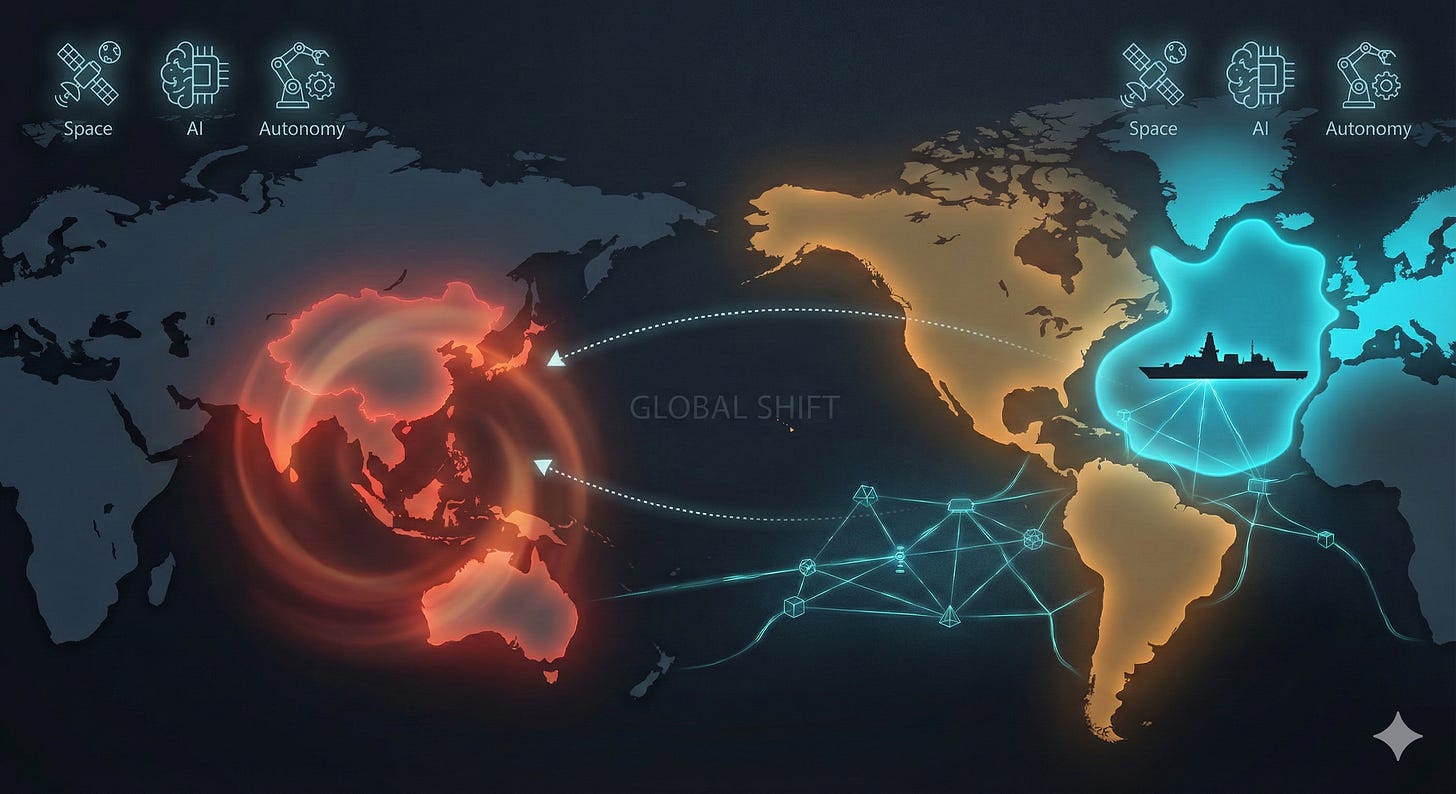 diagram: America has shifted domains. The Indo-Pacific and Western Hemisphere now dominate U.S. strategy, leaving the North Atlantic as a theatre Europe must secure. The UK–Norway ASW partnership is the first real step toward building that new Atlantic bastion.