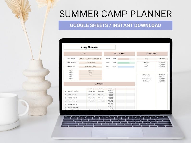 Complete Summer Camp Planner Spreadsheet, Camp Expense Tracker, Digital Camp Planner, Kid Activity Schedule, Google Sheet Template image 1