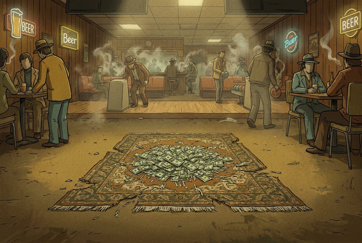 An ornate rug woven from shredded cash lies ignored on a hazy bowling alley floor. An ornate rug woven from shredded cash lies ignored on a hazy bowling alley floor.