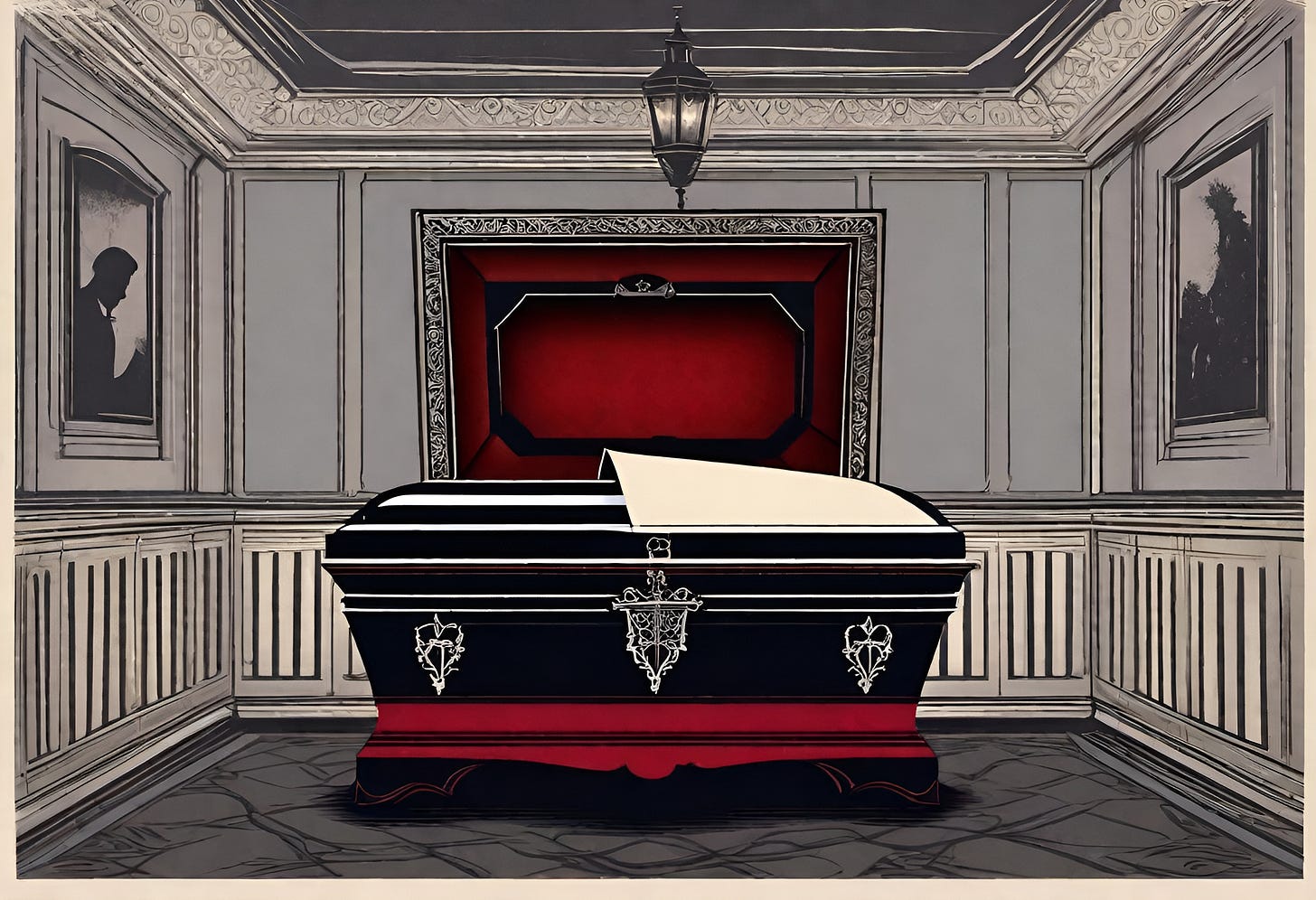 An illustrated image of a an open coffin inside a room of a mansion.