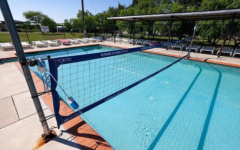 Three views of Wildwood Naturist Resort: a swimming pool set up for water volleyball with lounge chairs in the background, a bright blue pickleball court next to a clubhouse, and a wide meadow filled with blooming red wildflowers under a summer sky.