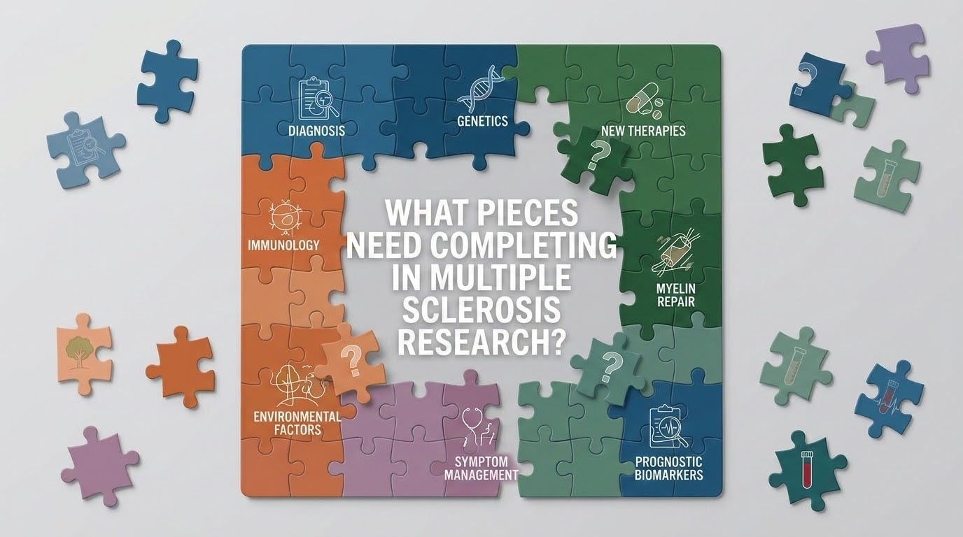Create a incomplete mixed colour jigsaw puzzle on a plain background to ask the question of what pieces need completing in multiple sclerosis research. Don't include a MS logo in the bottom right corner?