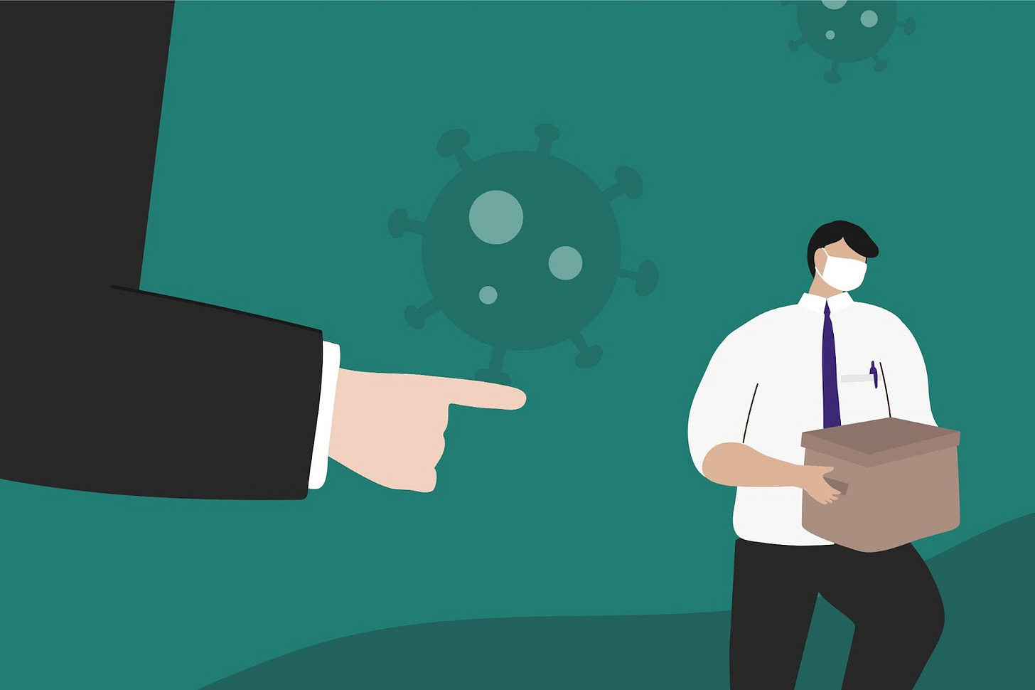 an illustration of a white person's hand pointing at another masked person carrying a cardboard box away. an illustrated virus lurks behind them in the teal background