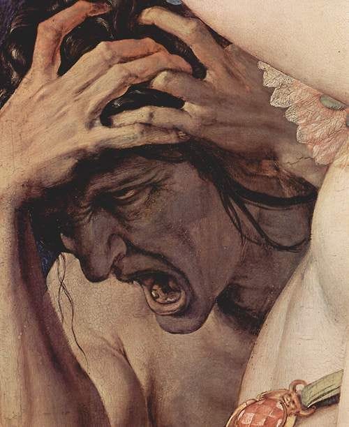 This may contain: a painting of a woman holding her head with both hands