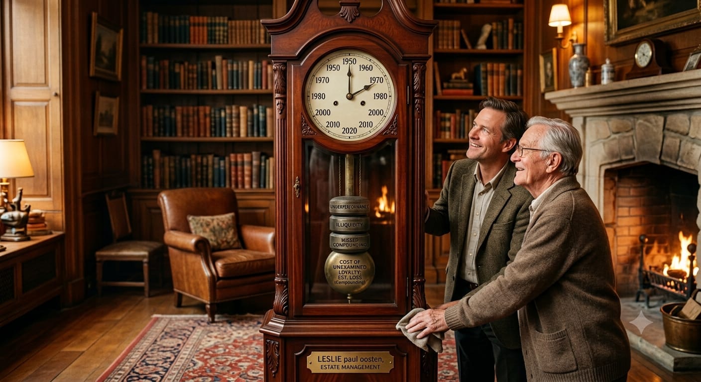 Cinematic editorial photograph of an older man and a younger man standing in a wood-paneled library next to a tall grandfather clock. The clock's face features years instead of standard numbers, and its glass door reveals a pendulum made of weights labeled "UNDERPERFORMANCE," "ILLIQUIDITY," "MISSED COMPOUNDING," and "COST OF UNEXAMINED LOYALTY." A brass plaque at the base reads "LESLIE paul oosten, ESTATE MANAGEMENT," while a cozy fireplace burns in the background.