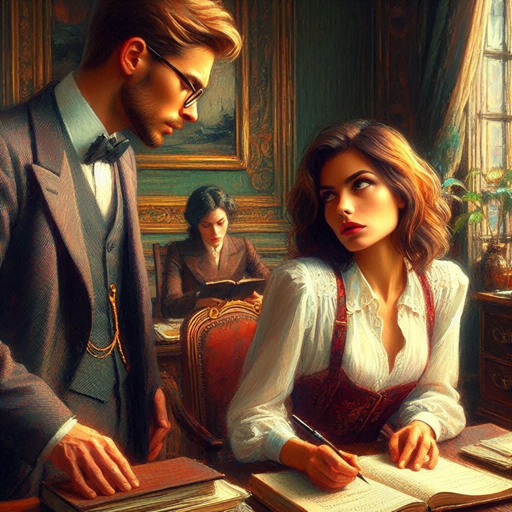 A pretty woman writing a book glares at a bespectacled man who is standing with his arms folded and is talking at her. Interior. Ornate private office. Impressionist-style. A pretty woman writing a book glares at a bespectacled man who is standing with his arms folded and is talking at her. Interior. Ornate private office. Impressionist-style.