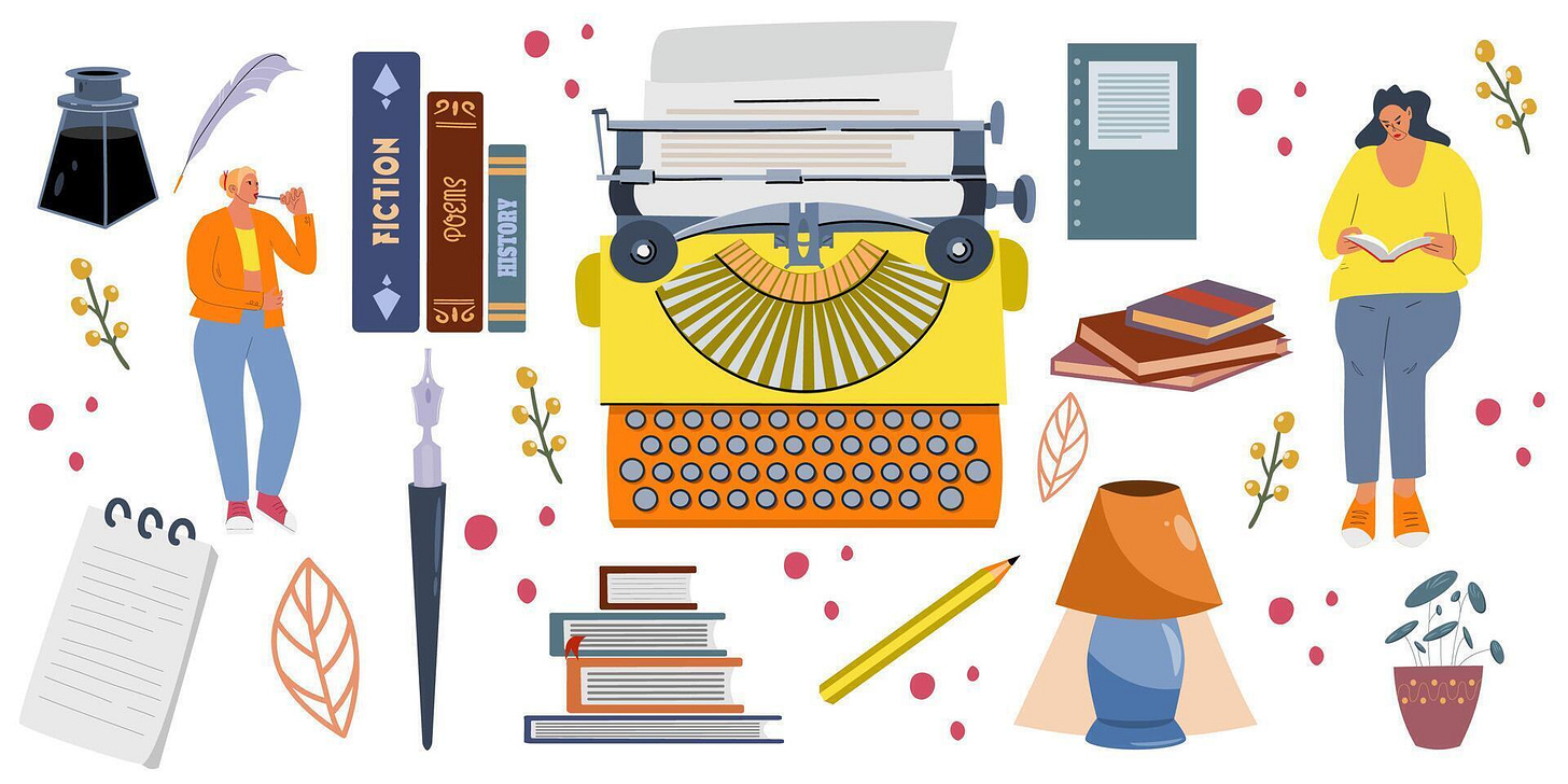 A set of illustrations of writing. Creation of books, articles and posts.  Typewriter, books, ink and inkwell 38369437 Vector Art at Vecteezy