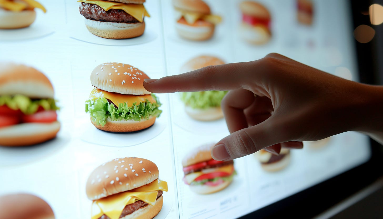 A hand selecting a burger from a digital touchscreen menu, representing the interaction with a RESTful API using Flask and SQLAlchemy A hand selecting a burger from a digital touchscreen menu, representing the interaction with a RESTful API using Flask and SQLAlchemy