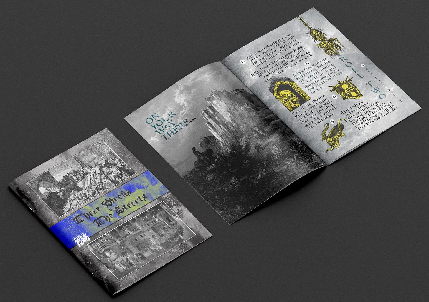 The cover and an interior spread of Three Weeks in the Streets.