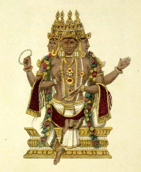 Brahma. Hand coloured engravings by Frederic Shoberl from his work 'The World in Miniature: Hindoostan'. London: R. Ackerman (1820) (Pubic Domain) Brahma. Hand coloured engravings by Frederic Shoberl from his work 'The World in Miniature: Hindoostan'. London: R. Ackerman (1820) (Pubic Domain)