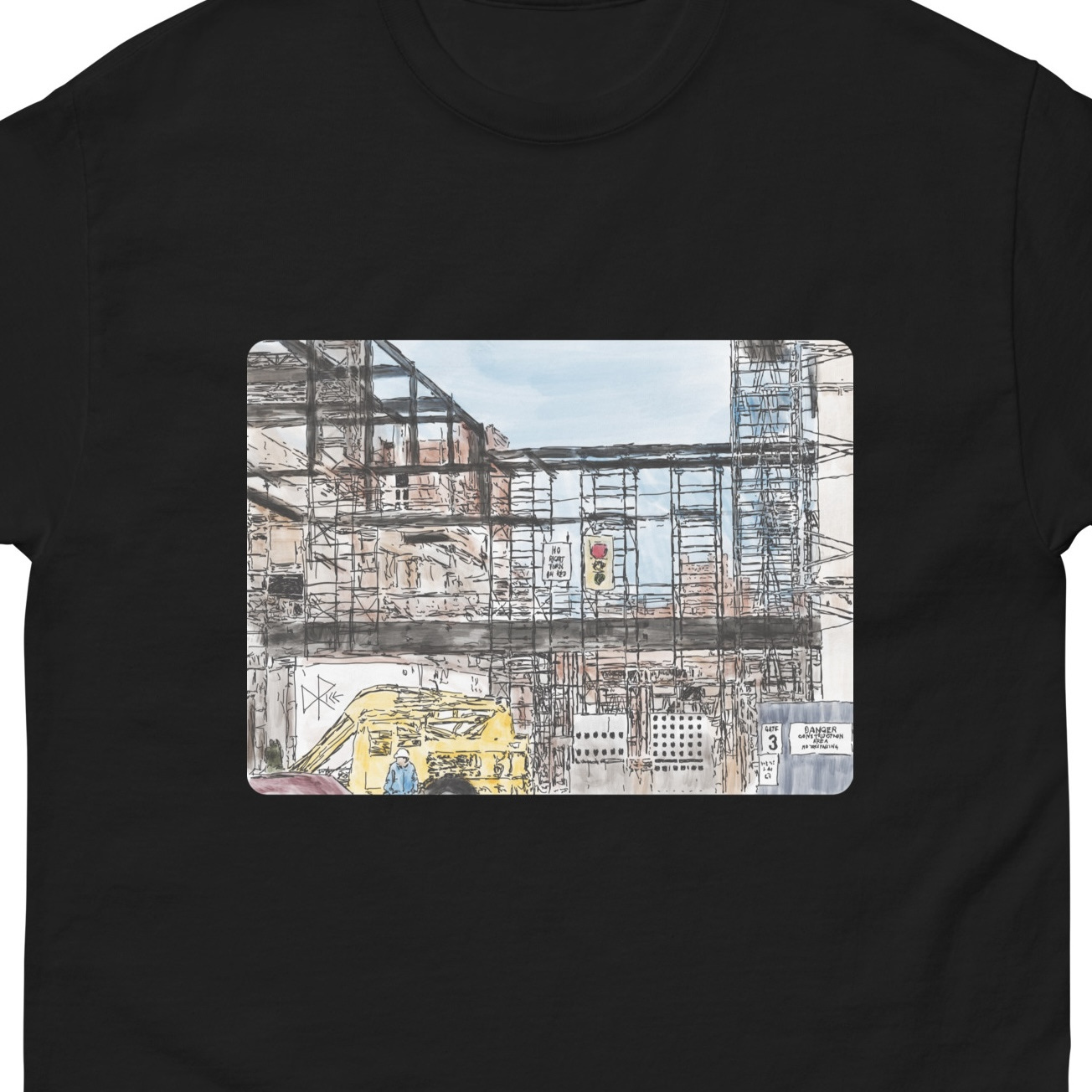 A downtown building under construction. Elevated platforms and scaffolding cross vertically and horizontally to create workplaces while steel beams are being positioned and secured. Sketch art by Don Rice. A downtown building under construction. Elevated platforms and scaffolding cross vertically and horizontally to create workplaces while steel beams are being positioned and secured. Sketch art by Don Rice.