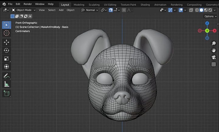 Male dog head, low poly version on the left, high poly on the right.