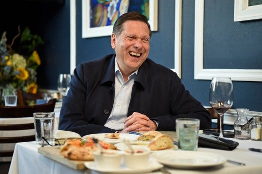 DANVILLE, CA -  JANUARY 3: Bay Area sports commentator Greg Papa laughs while being interviewed at Locando Ravello restaurant in Danville, Calif., on Friday, Jan. 3, 2020. Papa currently is the play-by-play radio sportscaster for the San Francisco 49ers. (Jose Carlos Fajardo/Bay Area News Group)