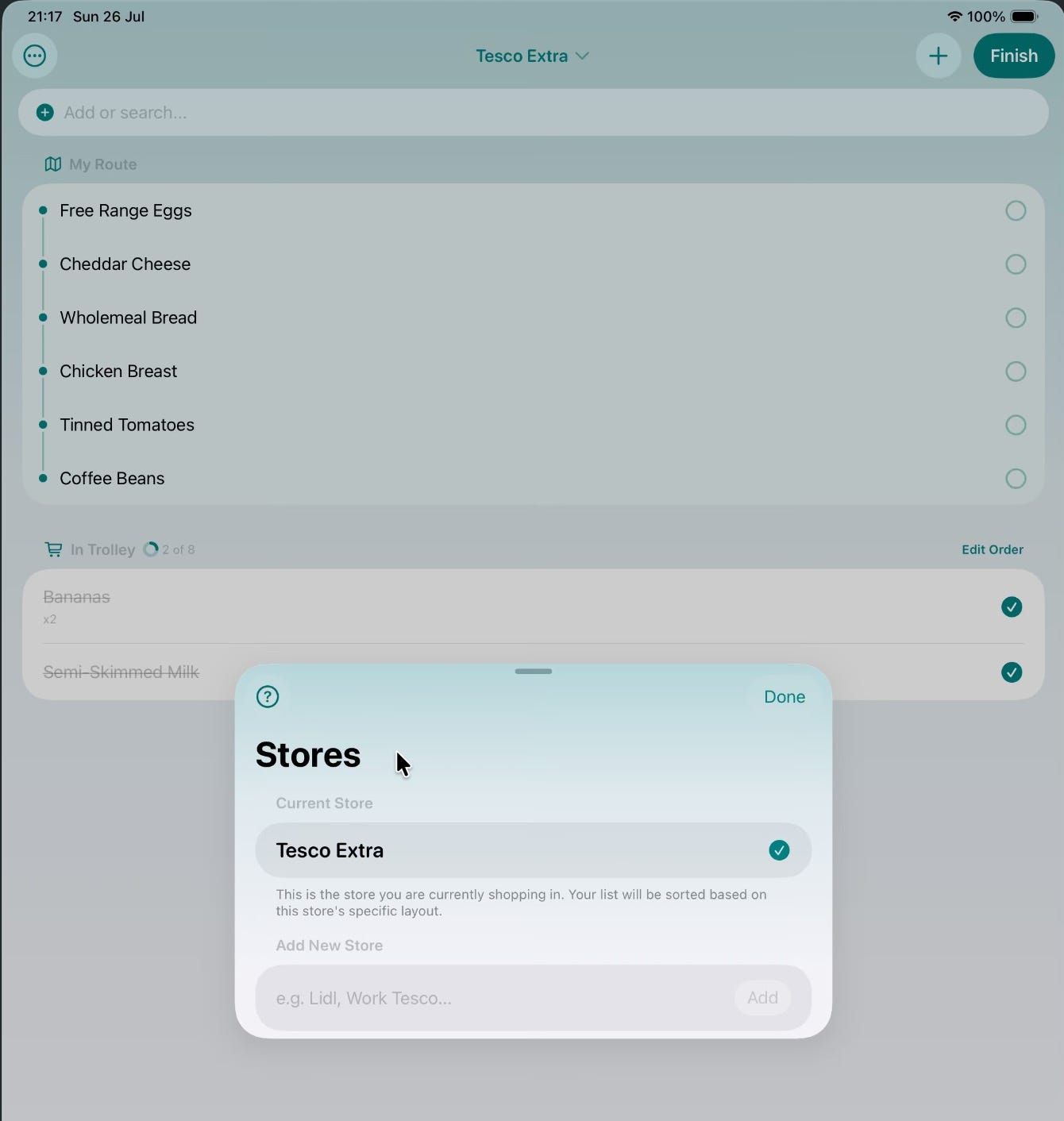 Grocery list app for Tesco Extra showing items ordered by store route and a menu for choosing the current store. Grocery list app for Tesco Extra showing items ordered by store route and a menu for choosing the current store.