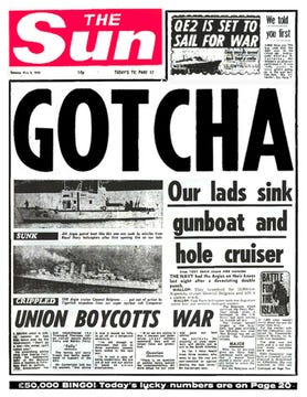 Front cover of The Sun, 4 May 1982 and the cover of Newsweek magazine, April 19th, 1982, depicting HMS Hermes, flagship of the British Task Force