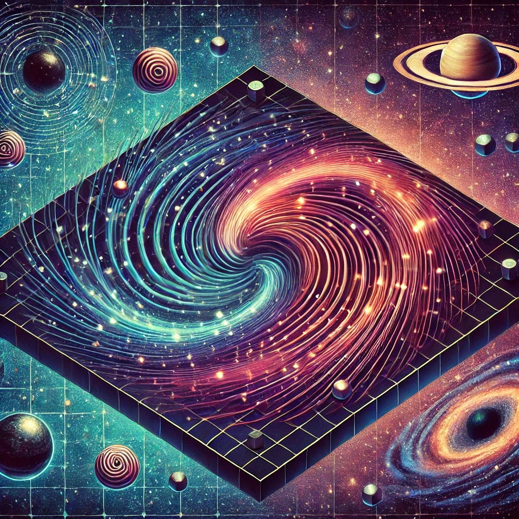 A cosmic illustration contrasting gravity and magnetism as forces shaping space-time. Show a swirling space-time grid, with a deep gravitational well on one side representing gravity’s pull and intricate magnetic field lines on the other side curving and twisting space-time, symbolizing magnetism’s influence. Cosmic elements like stars and galaxies are subtly influenced by both forces, with spirals and waves. Use a color palette of deep blues, purples, and highlights of neon green for magnetic lines and warm orange for gravitational influence. The style should feel visionary and scientific, conveying both mystery and structure. A cosmic illustration contrasting gravity and magnetism as forces shaping space-time. Show a swirling space-time grid, with a deep gravitational well on one side representing gravity’s pull and intricate magnetic field lines on the other side curving and twisting space-time, symbolizing magnetism’s influence. Cosmic elements like stars and galaxies are subtly influenced by both forces, with spirals and waves. Use a color palette of deep blues, purples, and highlights of neon green for magnetic lines and warm orange for gravitational influence. The style should feel visionary and scientific, conveying both mystery and structure.