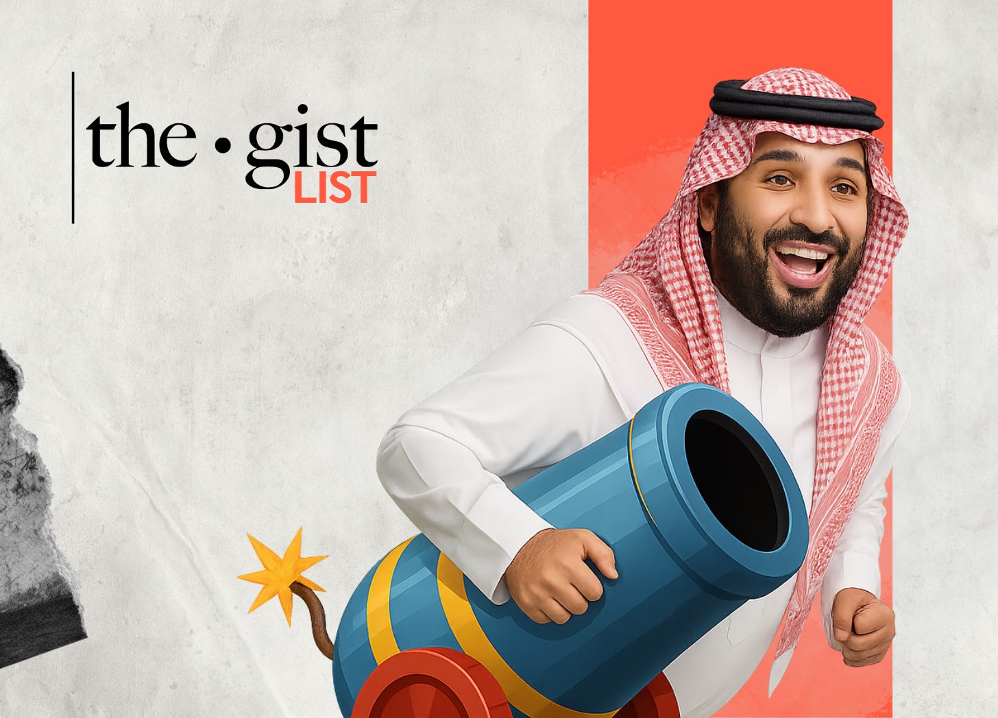 A photo-realistic image of Crown Prince Mohammed bin Salman smiling as he is launched from a cannon in the style of a MrBeast video.
