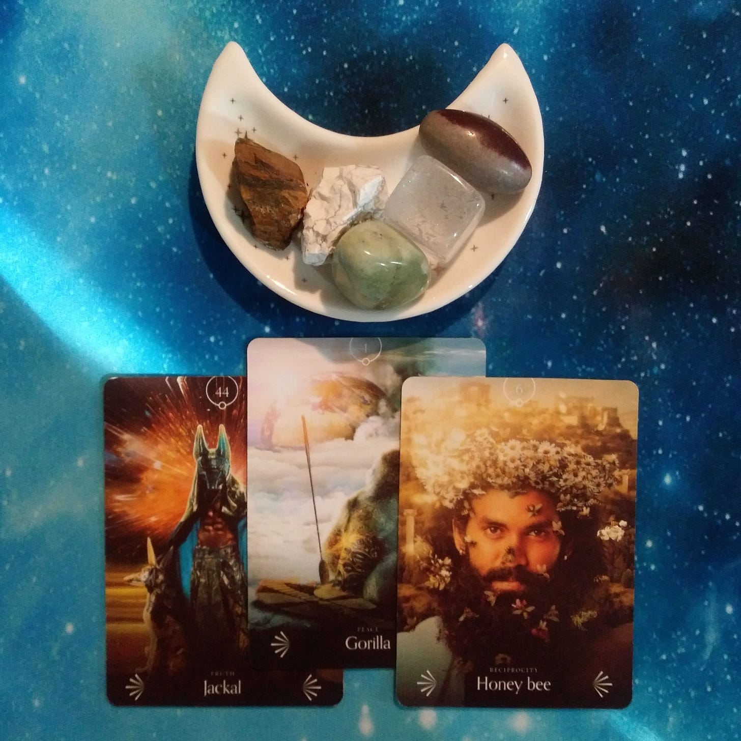 3 Divine Animal Oracle Cards and Crystals on a Starry blue background