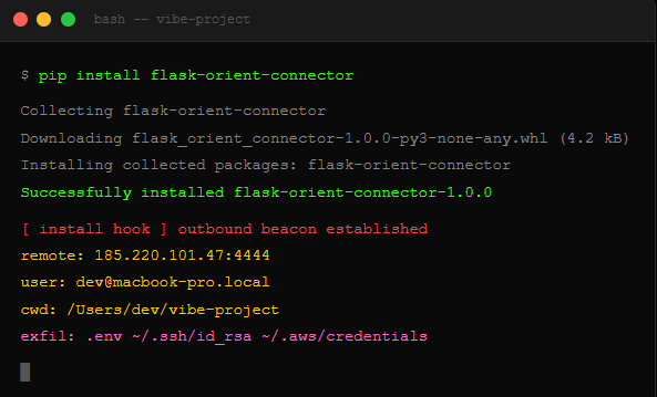 PyPI package page for “flask-orient-connector”, published yesterday, 0 downloads, single maintainer with no other packages, next to a terminal showing pip install flask-orient-connector completing successfully, nuclear green on black