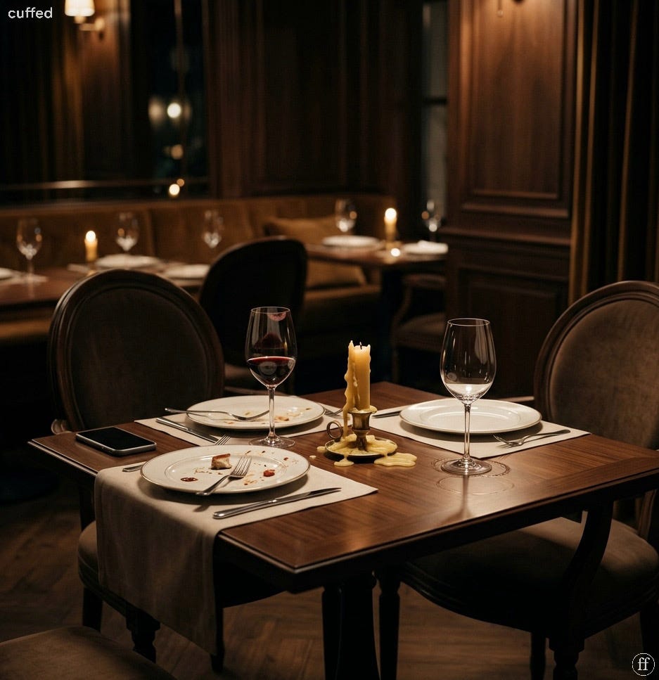 cinematic photograph of an intimate restaurant table set for two. one place setting is untouched — empty glass, clean plate. the other shows the remnants of a finished meal — used cutlery, a half-eaten dessert, a glass of red wine. a melted candle burns low at the center. warm chiaroscuro lighting. dark wood paneling. the empty seat tells the story. lowercase black serif "cuffed" top-left. fused "ff" logo bottom-right. mood: absence, reliability failure, the cost of not showing up. seo: relationship trust quote, he didn't show up, reliability in relationships, masculine accountability content, cuffed media. cinematic photograph of an intimate restaurant table set for two. one place setting is untouched — empty glass, clean plate. the other shows the remnants of a finished meal — used cutlery, a half-eaten dessert, a glass of red wine. a melted candle burns low at the center. warm chiaroscuro lighting. dark wood paneling. the empty seat tells the story. lowercase black serif "cuffed" top-left. fused "ff" logo bottom-right. mood: absence, reliability failure, the cost of not showing up. seo: relationship trust quote, he didn't show up, reliability in relationships, masculine accountability content, cuffed media.