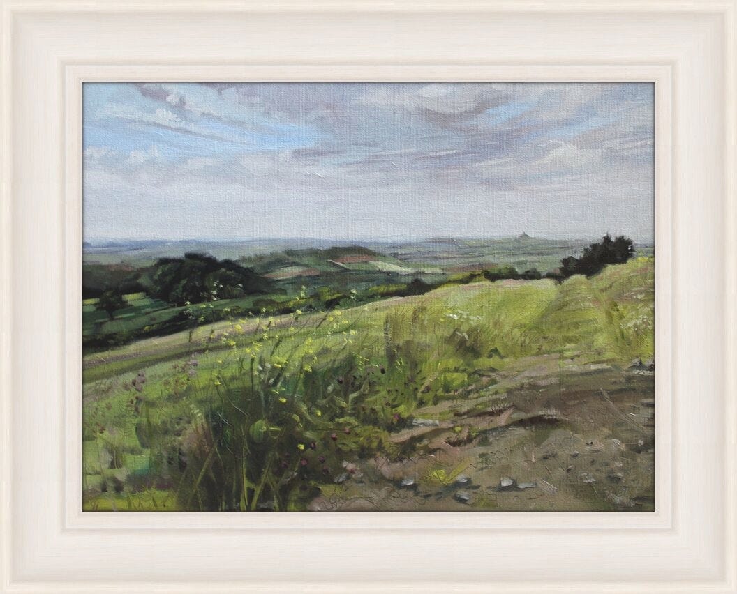 Oil painting looking across the Somerset Levels to Glastonbury Tor on the horizon