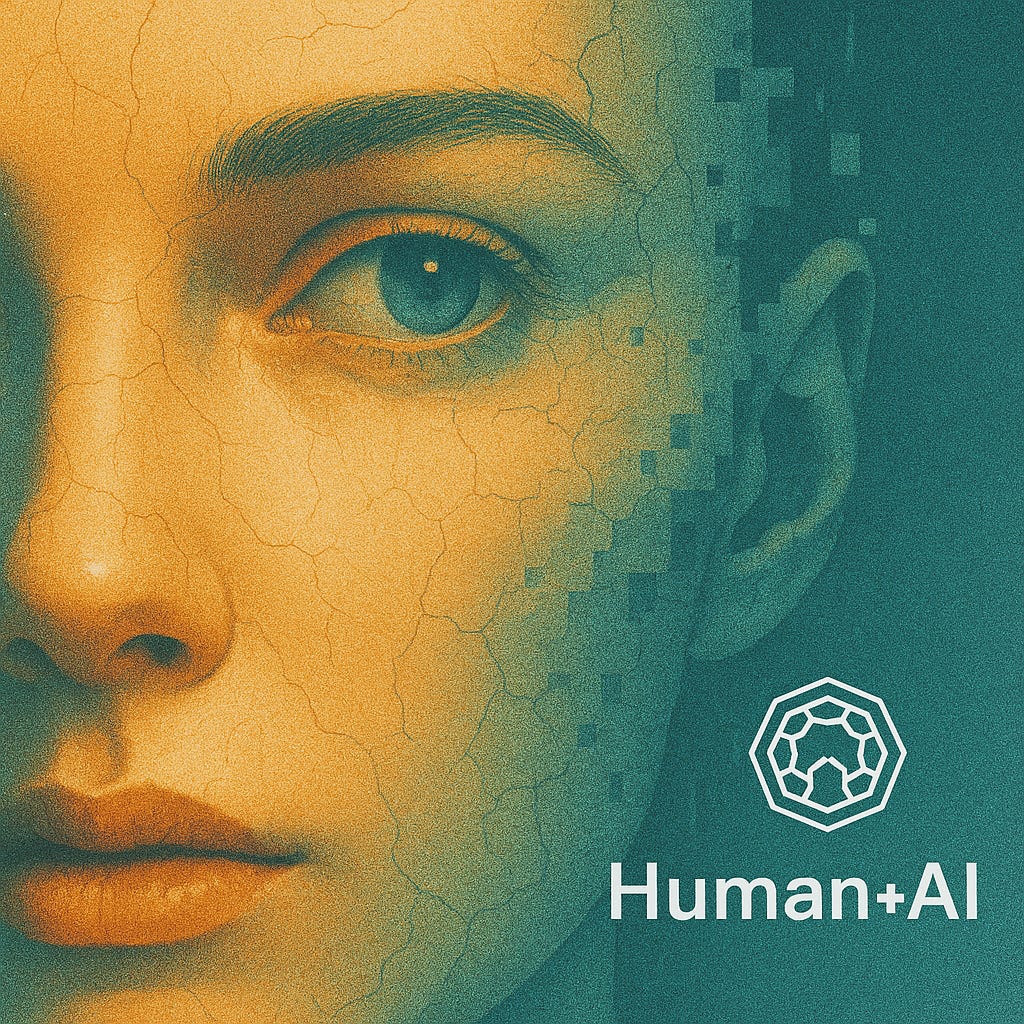 A close-up of a woman’s face, with one side dissolving into pixelated fragments, blending warm golden tones into cool teal. The image symbolizes the blur between human and artificial intelligence. The “Human+AI” logo appears in the corner.