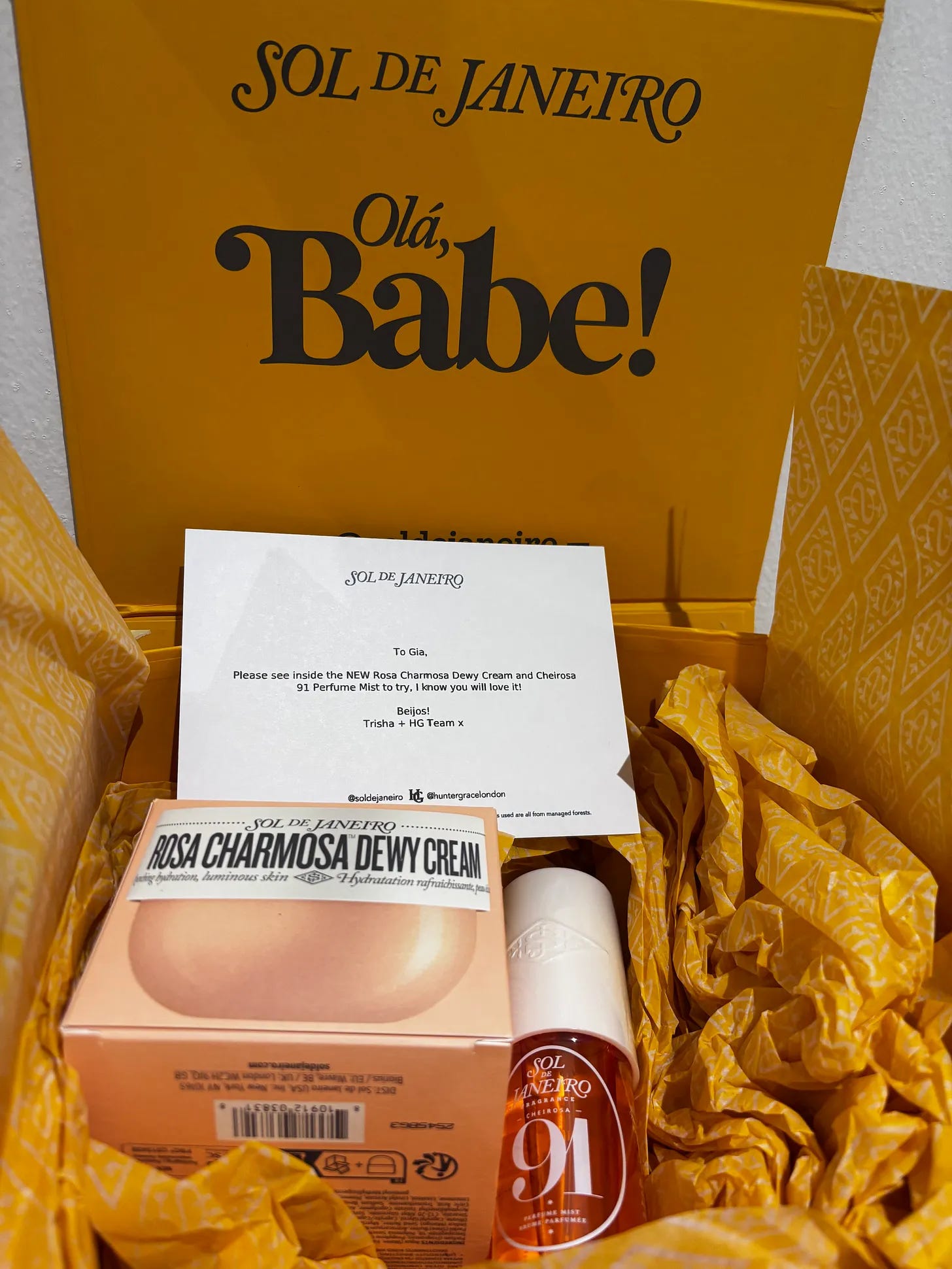 A PR box sent to Gia at The Beauty Ed® containing a pot of the new Sol De Janeiro Rosa Charmosa Dewy Cream
