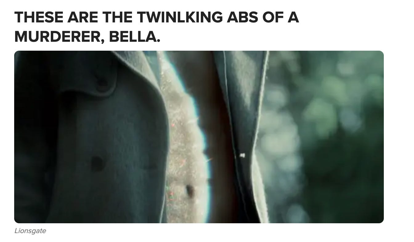 An image of Edward's glittery abs with the caption, "These are the twinkling abs of a murderer, Bella."