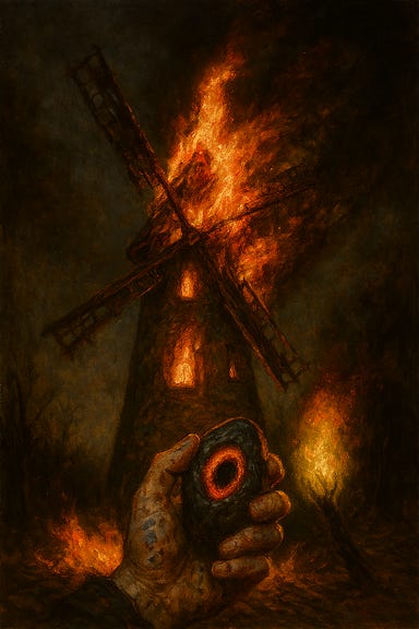 The cursed windmill interior is dim and warped, with enchanted pastries humming on the shelves and grindstones twitching in anticipation. The atmosphere is tense, gothic, and charged with dark magic—capturing the moment before the hags strike, but without the hags present.