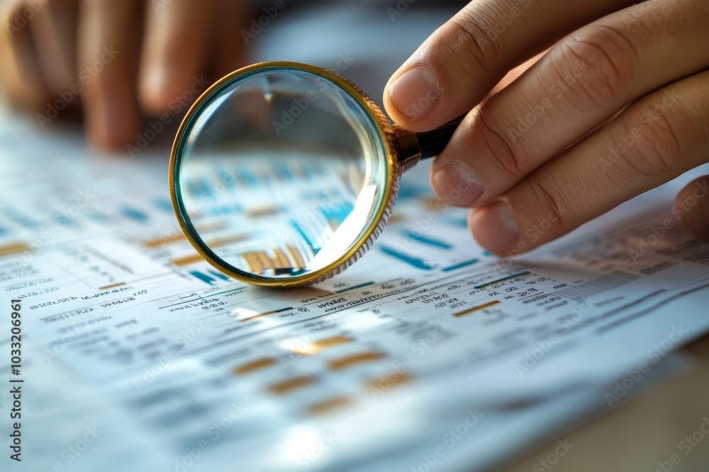 Trend analysis, marketing and sales information, analyze or predict trend line or profit, business forecast report concept, businessman analyst analyze trend graph and chart with magnifying, Generativ