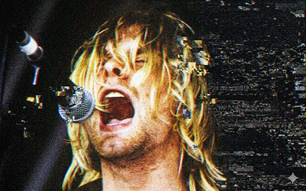 Distorted, grainy image of Kurt Cobain screaming into a microphone, resembling a flickering, out-of-tune TV screen.