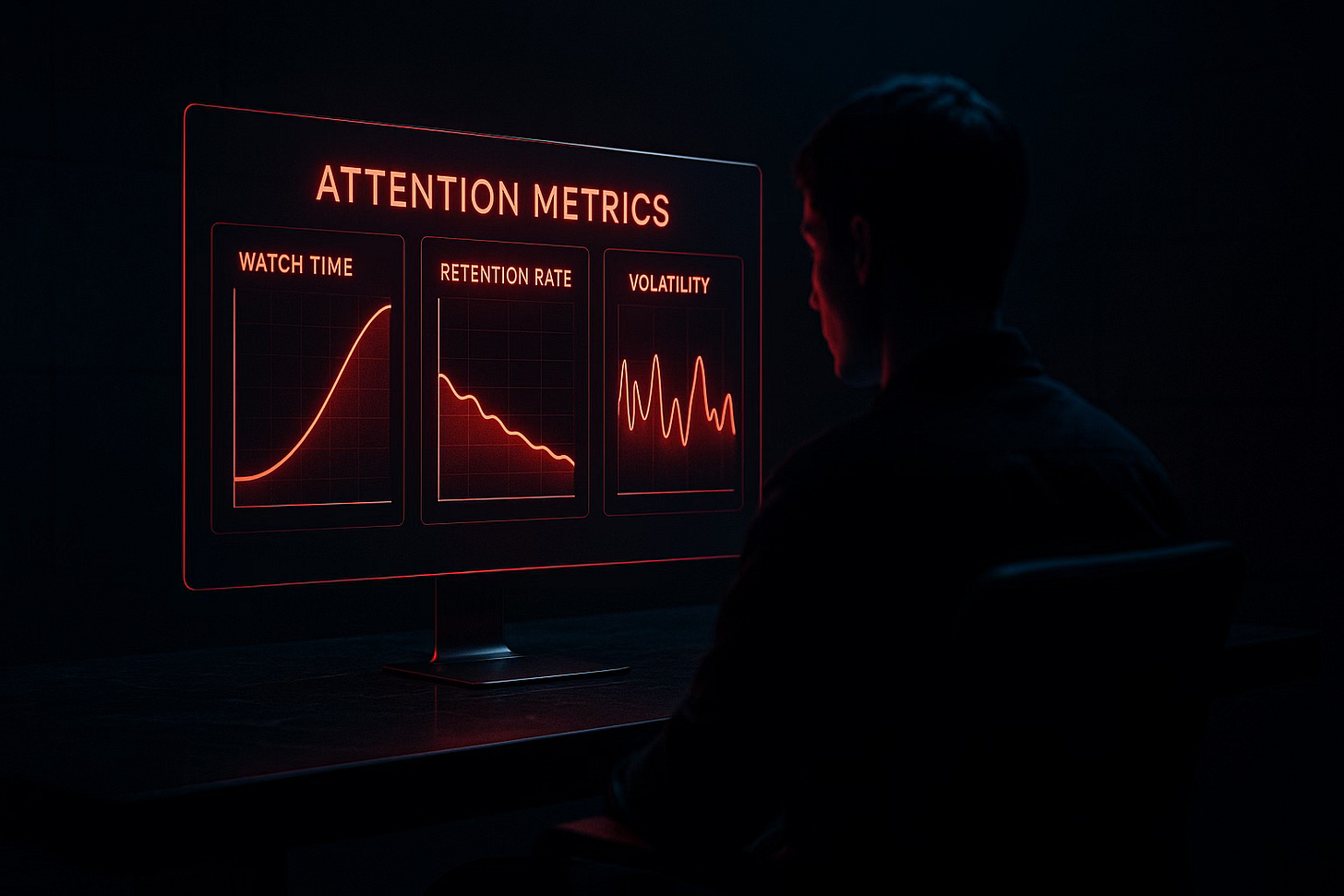 Person analyzing a red neon dashboard displaying watch time, retention rate, and volatility attention metrics. Person analyzing a red neon dashboard displaying watch time, retention rate, and volatility attention metrics.
