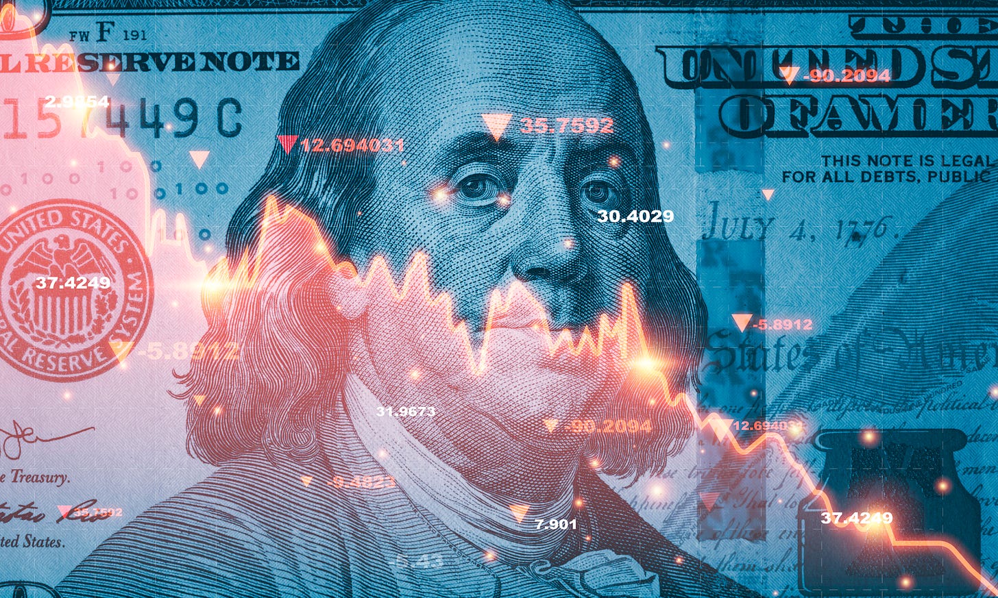 Illustration of $100 bill with a downward trend line superimposed over it to indicate recession