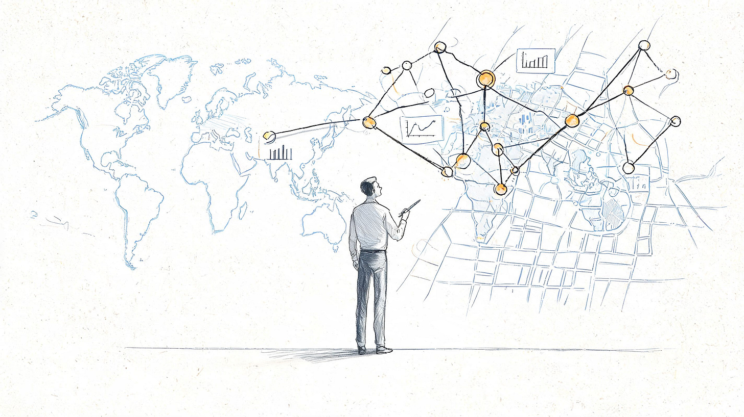 A sketched illustration of a man observing a global network diagram superimposed over a world map. A sketched illustration of a man observing a global network diagram superimposed over a world map.