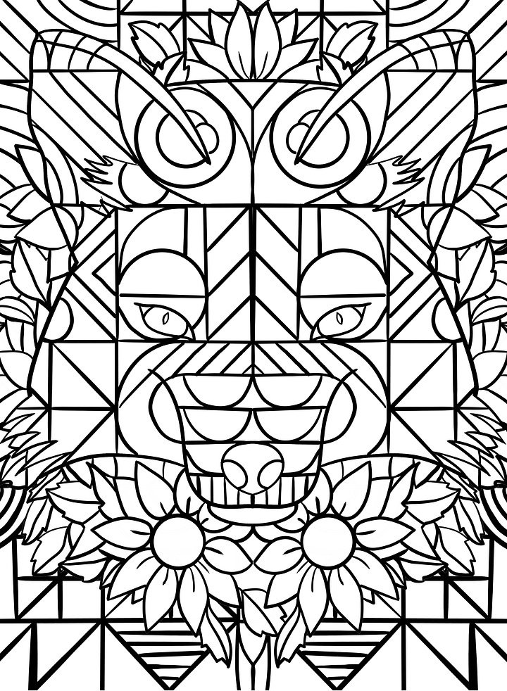 A imagem 1 apresenta um desenho em preto e branco com um estilo que remete a um vitral ou a um padrão geométrico. O desenho central parece ser o rosto de um animal (raposa) estilizado com formas geométricas e linhas retas. Há elementos florais na parte superior e inferior do desenho, que se assemelham a girassóis ou outras flores grandes. As linhas grossas e a segmentação da imagem em várias seções menores sugerem um design modular, comum em vitrais ou em projetos de arte para colorir. A imagem 2 mostra um desenho em preto e branco de um personagem representando uma raposa antropomórfica e cartunesca em uma cozinha, preparando café em um coador sobre a bancada. A cena inclui vários elementos de uma cozinha, como armários, fogão, pia e utensílios.