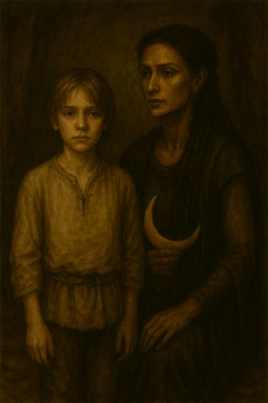 A dark fantasy image of Ilya, visually reminiscent of Maxwell Jenkins, standing beside Zuleika, visually reminiscent of Indira Varma. Ilya appears gentle and pale, with storm‑gray eyes and a quiet, fragile presence, dressed in simple Barovian clothing. Zuleika stands protectively near him, tall and solemn, with dark braided hair and a priestess‑like aura. She wears layered dark robes with subtle moon motifs. They stand together in a misty forest clearing near a cave entrance, illuminated by soft, cool moonlight. The atmosphere is calm, reverent, and non‑violent.