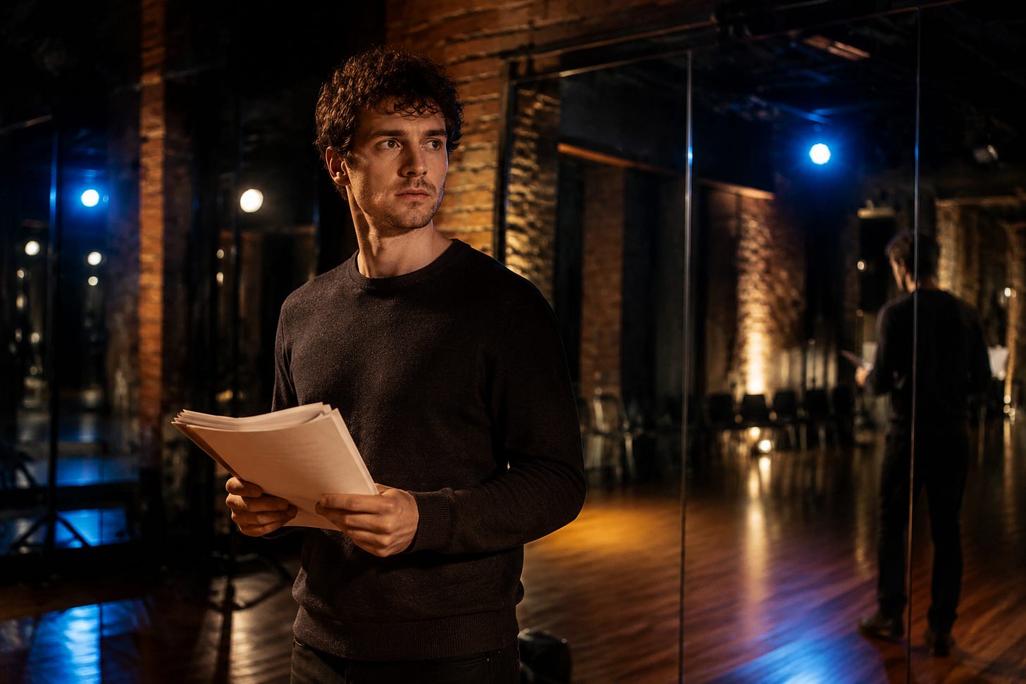 An actor in a warmly lit rehearsal space holding script pages, surrounded by mirrors and theatrical lighting