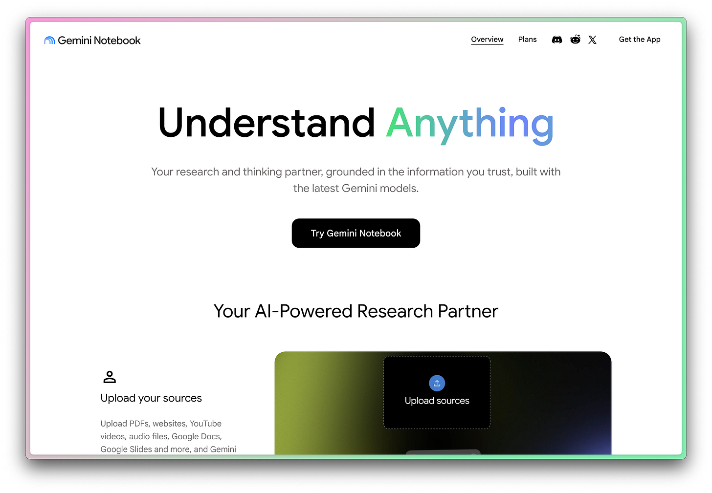 Screenshot of the Gemini Notebook landing page